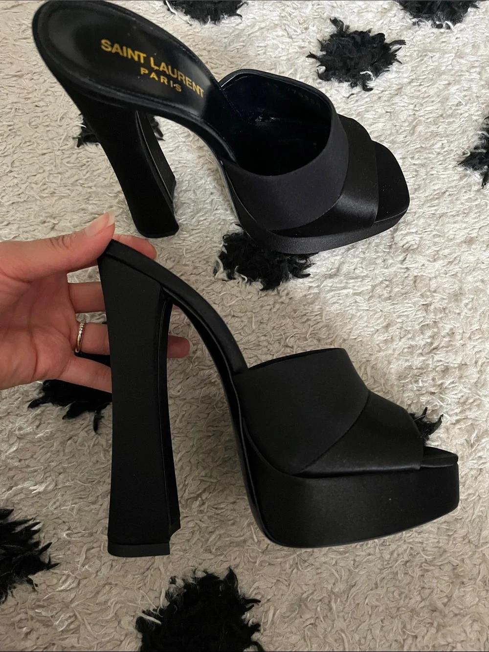 Saint Laurent size 7 Boogie 110 Black Satin Platform Mule Heels new